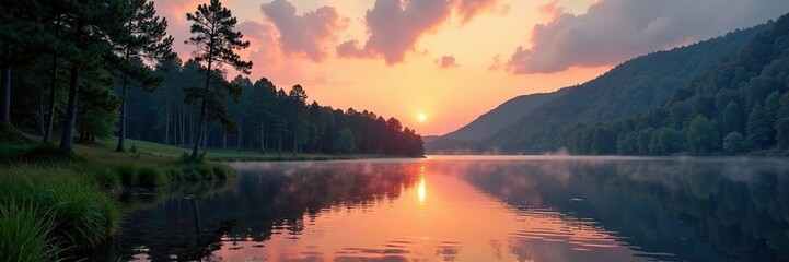 Obraz premium Dense forest trees behind serene lake waters at dusk, trees, pasture