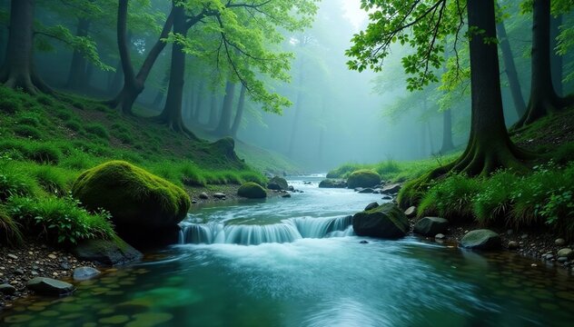 A gentle turquoise stream flows through a misty forest environment, serene, mist