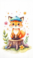 Cute fox wearing a hat sitting on a tree stump with flowers