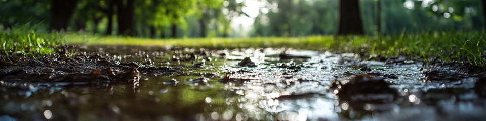 Fototapeta premium Muddy Puddle and Grass in Park Setting
