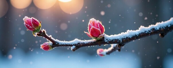 The first hints of life appear on a dead tree's branch in cold weather, , icy petals, spring awakening