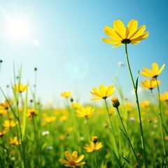 Fototapeta premium Bright Yellow Cosmos flower in a field of tall grasses, flowers, garden landscape, sunny meadow