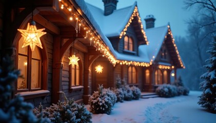 Fototapeta premium Hanging star-shaped lights from the eaves of a decorated mansion roof, shimmering eaves, snowy scene