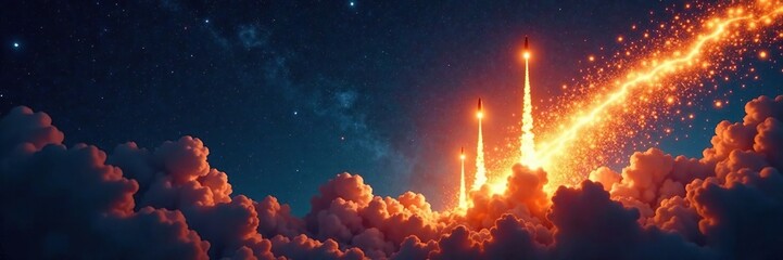 Glowing golden projectiles exploding in mid-air amidst a starry night sky, neon, glow