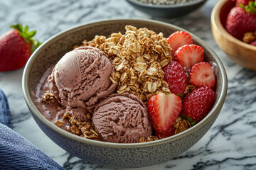 Berry ice cream scoops, granola, and sliced strawberries in a bowl.