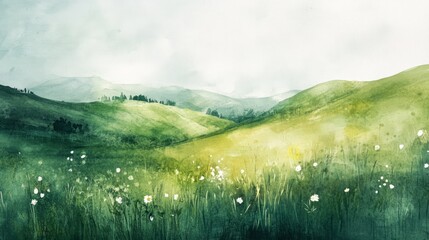 Obraz premium minimalist landscape of green hills and wildflowers, watercolor technique, soft textures, light and airy atmosphere