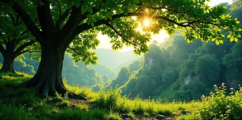 Obraz premium A soft breeze stirs the leaves of ancient trees in a secluded valley, leaves, ancient