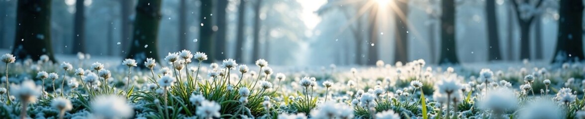 Frosty forest landscape with snowflakes gently falling on a field of white flowers, landscape, nature