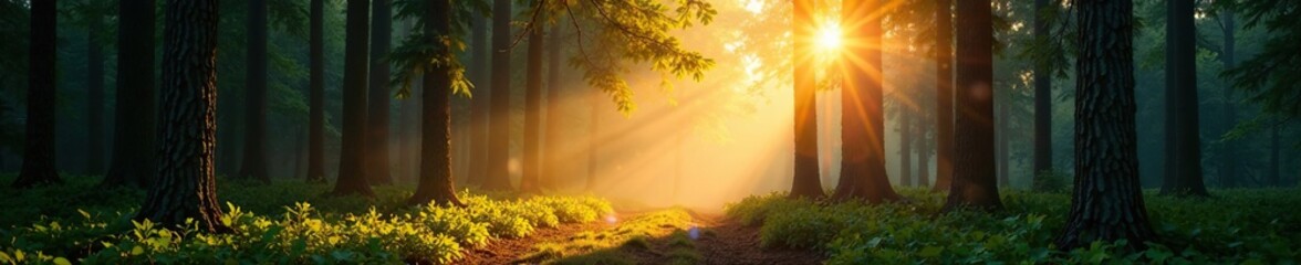 Luminous forest with sun rays peeking through trees, wood, light, foliage