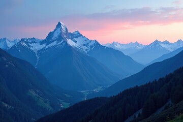 Mountain peaks and valleys bathed in a soft blue hue at dusk, sky, nature, landscape