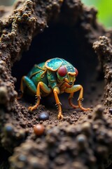 Cicada inside its nymphal shelter on tree roots, nymph, nature