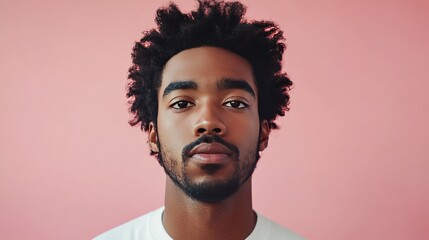 Obraz premium Minimalist portrait of a young man against soft pastel pink background, natural expression, clean and modern studio setting, subtle yet impactful, professional photography