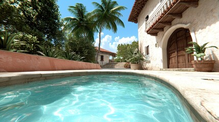Fototapeta premium Tropical villa poolside view, sunny day, calm water, lush landscaping. Ideal for travel brochures