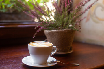 a cup of fragrant coffee in a restaurant on the table