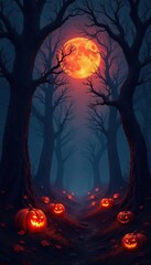 Dark forest at dusk with twisted trees and glowing pumpkins, gothic, autumn