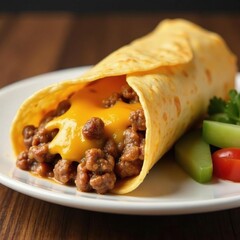 Crispy tortilla wrapped around beef and melted cheese, plate, crispy