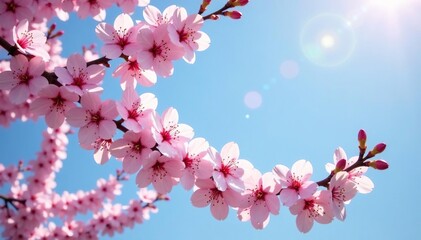 Blooming sakura tree branches against clear blue sky with sunlight filtering through, blossoms, light, blooming trees