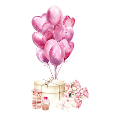 Watercolor composition of pink balloons and flowers, gifts and sweets. Romantic design perfect for Valentine's Day, weddings, greetings and holiday cards.