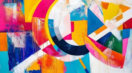 Fototapeta premium Modern abstract painting with vibrant geometric shapes, dynamic colors, and textured brush strokes, art gallery setting