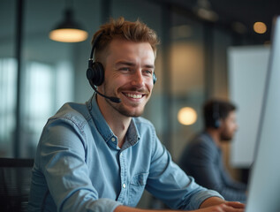 Portrait of young man in headset working in call center