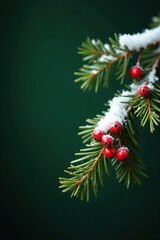 Snow-covered fir branch with red berries hanging from it against a dark green background, snowflakes, mistletoe, natural
