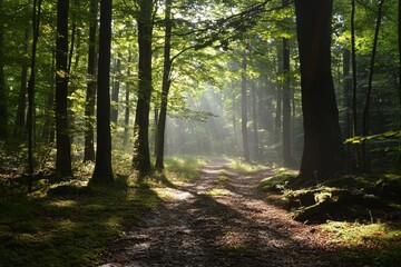 Obraz premium A forest path leading through tall trees, with sunlight filtering down from the canopy and creating dappled light on the ground.