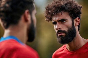 Intense conversation between two young caucasian males outdoors