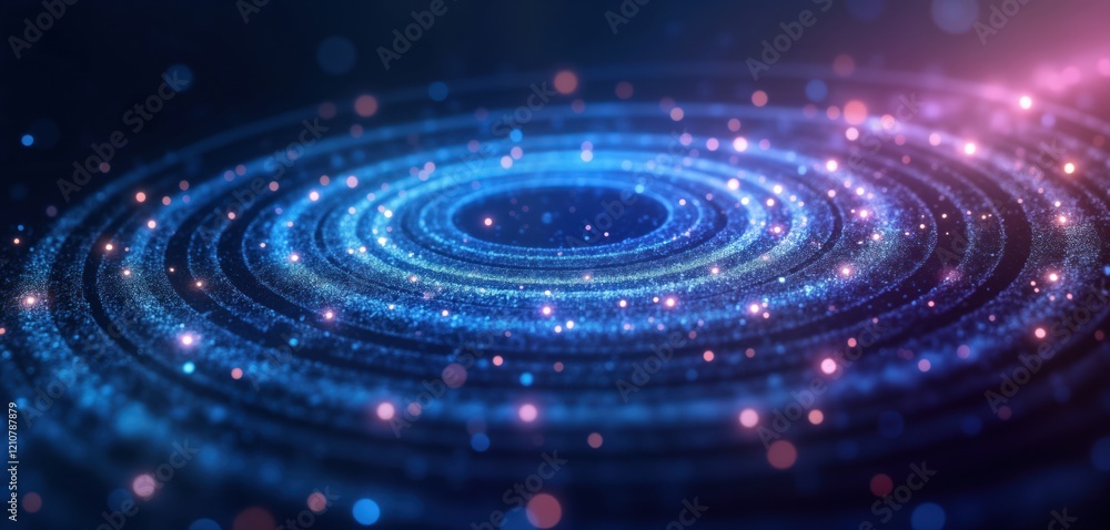 Poster dynamic abstract digital art design. futuristic swirling blue, purple background. glowing white dots