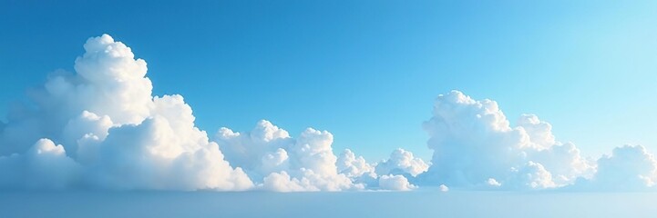 Soft wispy clouds drift lazily across blue sky, vast, drifting, serene