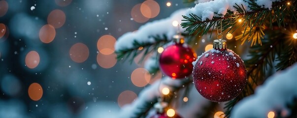 Bokeh snow-covered tree branch with sparkling ornaments, Christmas lights, cozy decorations, icy sparkle