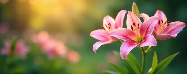 Fototapeta premium Delicate pink lily blooms in a serene garden background, serene, lilies