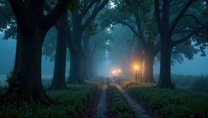 Obraz premium Candlelit pathway unfolds beneath towering trees, mist, mysterious