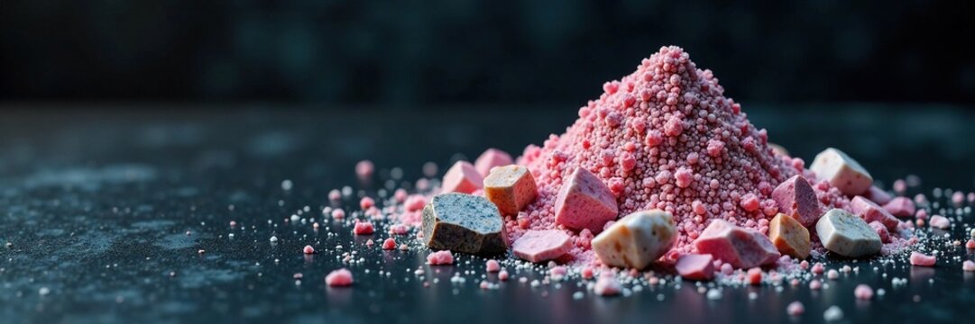 Dark background with raw zeolite mesolite stones and powder scattered, minerals, natural wonders, nature
