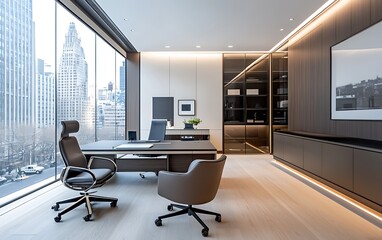 A serene minimalist office space is illuminated by natural light, fostering productivity and focus.