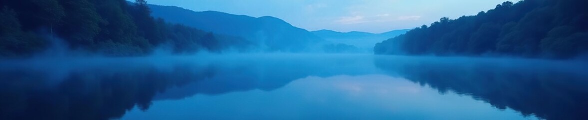 Fototapeta premium Soft blue light envelops a tranquil lake scene at dusk, luminescent, glowing