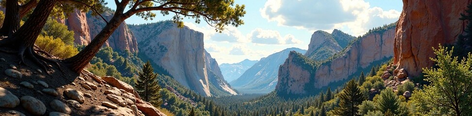 Obraz premium Branches stretch towards sky around granite rocks, Canyon, Sky, Trees