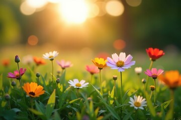 Fototapeta premium Softly focused wildflowers in a serene meadow at dawn, wildflowers, sunrise