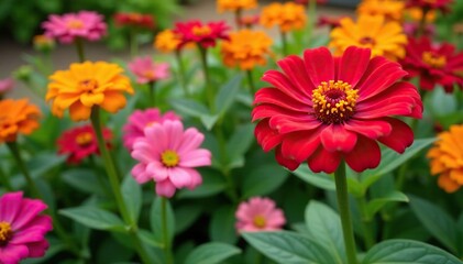 Brightly colored zinnia blooms in a garden bed, botanical, nature