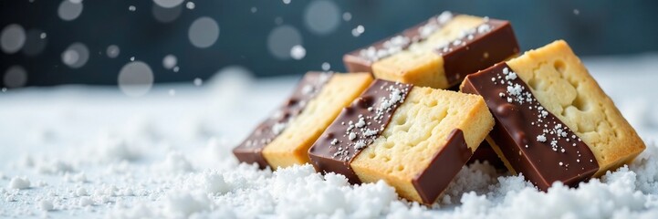 Chocolate dipped shortbread squares on a snowy background, chocolate treats, Winter wonderland, white snowflakes