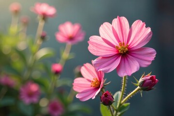 Fototapeta premium Delicate pink petals unfolding on thorny stems, helianthemum apenninum, florals