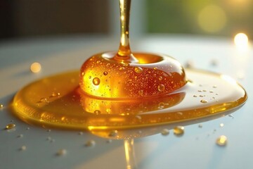 Honey droplets merge into a single glob on a glass surface, ripple, liquid