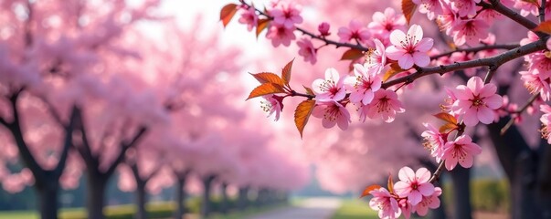 Fototapeta premium Pink cherry blossoms create a canopy of color, pink cherry blossom branches, garden, trees