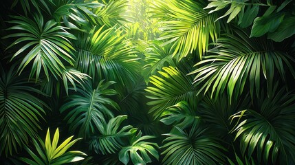 Lush tropical foliage with sunlight filtering through leaves.