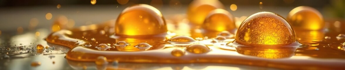 Honey globes merge into a single pool on a table top, liquid, honeycomb, melting