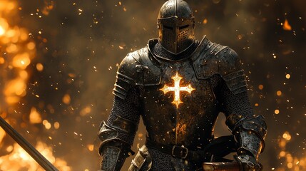 Fototapeta premium knight stands resolute in intricately engraved armor holding sword in one hand and Bible in other. glowing cross on chest reflects radiant sky filled soft clouds.