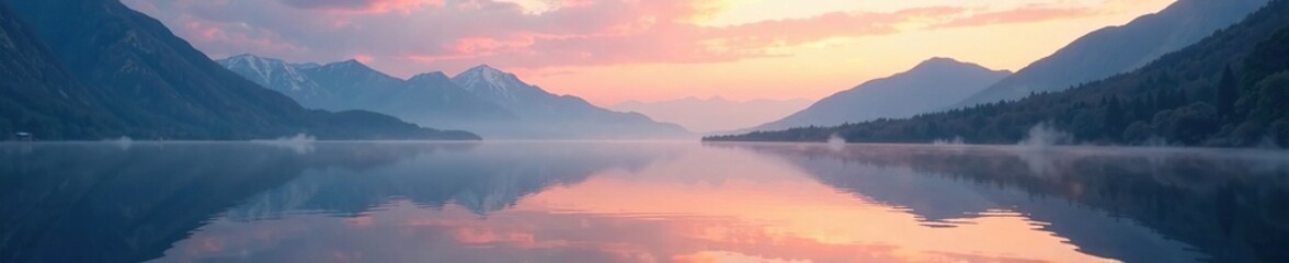 Fototapeta premium Misty dawn over the serene lake with reflected mountains, lake, foam