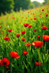 Obraz premium lush green meadow filled with red poppies in full bloom, green grass, nature, meadow