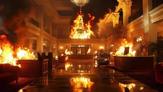 Dramatic Hotel Lobby Fire with Intense Flames and Reflections