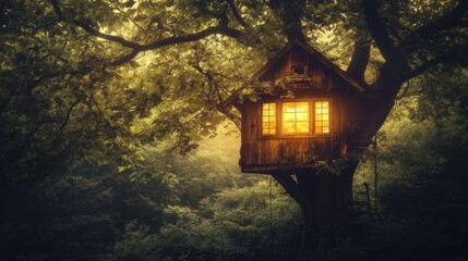 Illuminated tree house nestled in a lush forest at dusk.