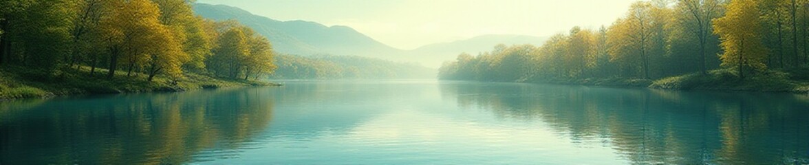 Fototapeta premium Water's glassy surface reflects the trees' gentle sway, lake, peaceful